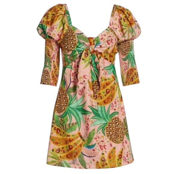 Farm Rio Mixed Fruits Mini Dress Womens Sz S Smocked Tropical Linen Blend Resort - Picture 12 of 12